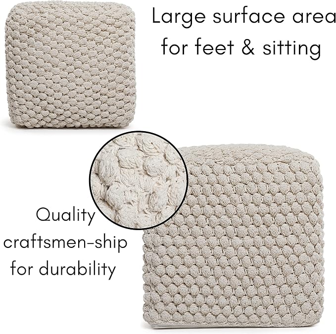 BIRDROCK HOME Bud Pouf Foot Stool Ottoman - Knit Bean Bag Floor Chair - Cotton Braided Cord - Great for The Living Room, Bedroom and Kids Room - Small Furniture