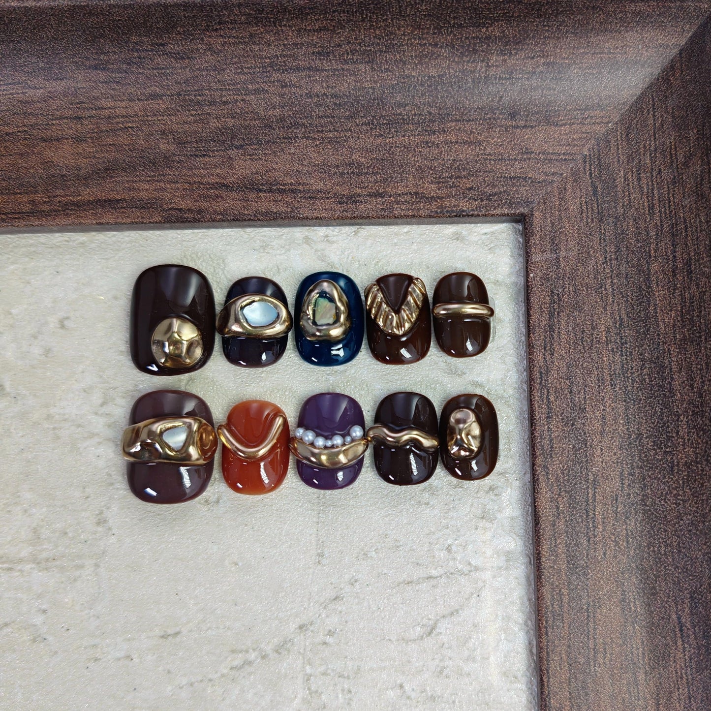 Extra Short Press on Nails Squoval False Nails Handmade with 3D Designs/Charms, Cute Reusable Fake Stick on Tips (Golden Brown#Small)