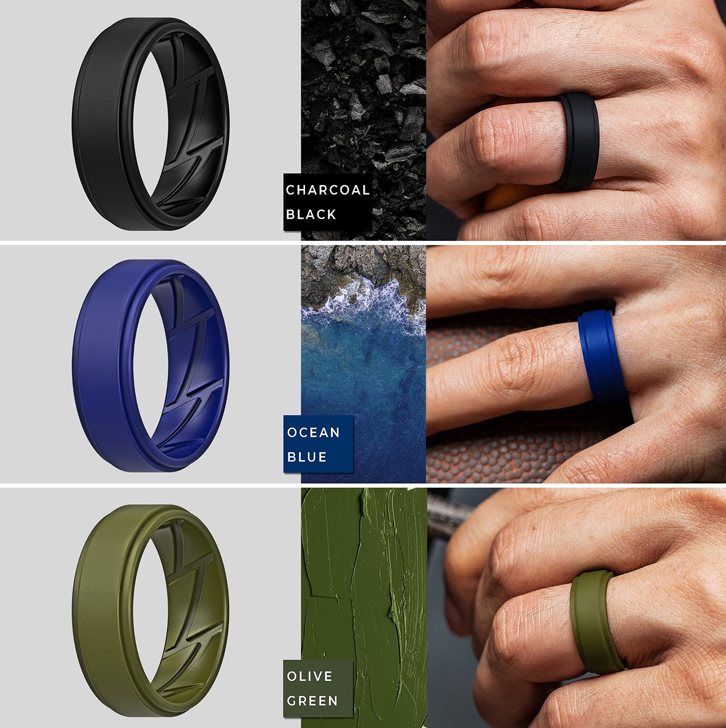 ThunderFit Silicone Wedding Rings for Men Breathable Airflow Inner Grooves, Step Edge Sleek Design Rubber Engagement Bands 8mm Wide 2mm Thick, Variety Multipack 1-7