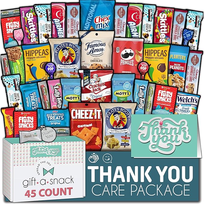 Gift A Snack - Thank You Snack Box Variety Pack Care Package + Greeting Card (45 Count) Appreciation Sweet Treats Gift Basket, Candies Chips Crackers Bars - Cravy Food Assortments & Variety Gifts