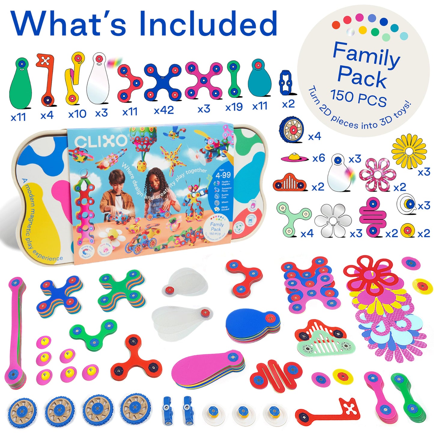 Clixo Mega Pack – 150-Piece Flexible Magnetic Building Toy for Creative Family Play | STEAM Learning, Open-Ended Play. Perfect for Collaborative Fun, Travel, and Educational Bonding. Ages 4+