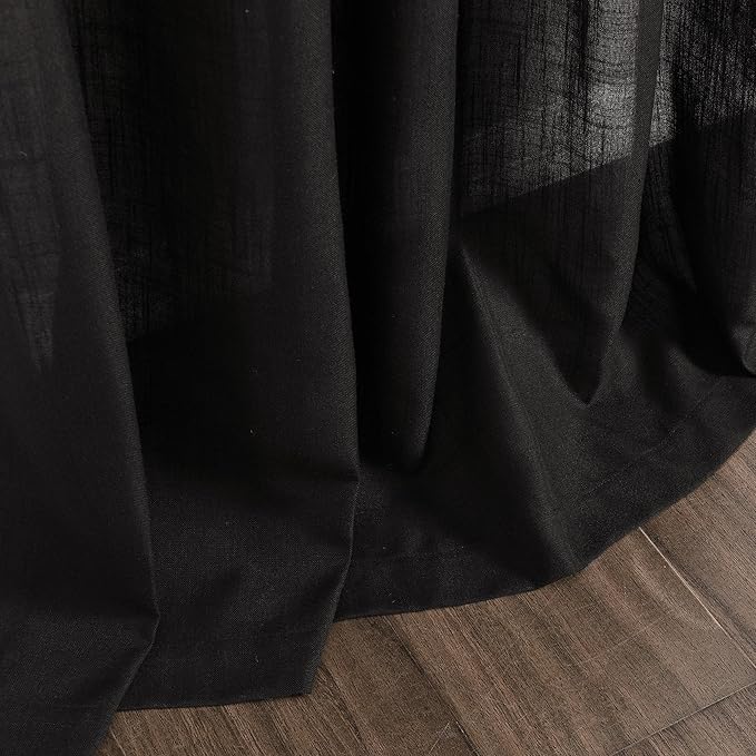 Vintage Black Linen Curtains 63 Inch Length for Living Room Light Filtering Semi Sheer Curtain Back Tab and Rod Pocket Privacy Luxury Gothic Vintage Decor Drapes for Bedroom Office 52x63, 2 Panels