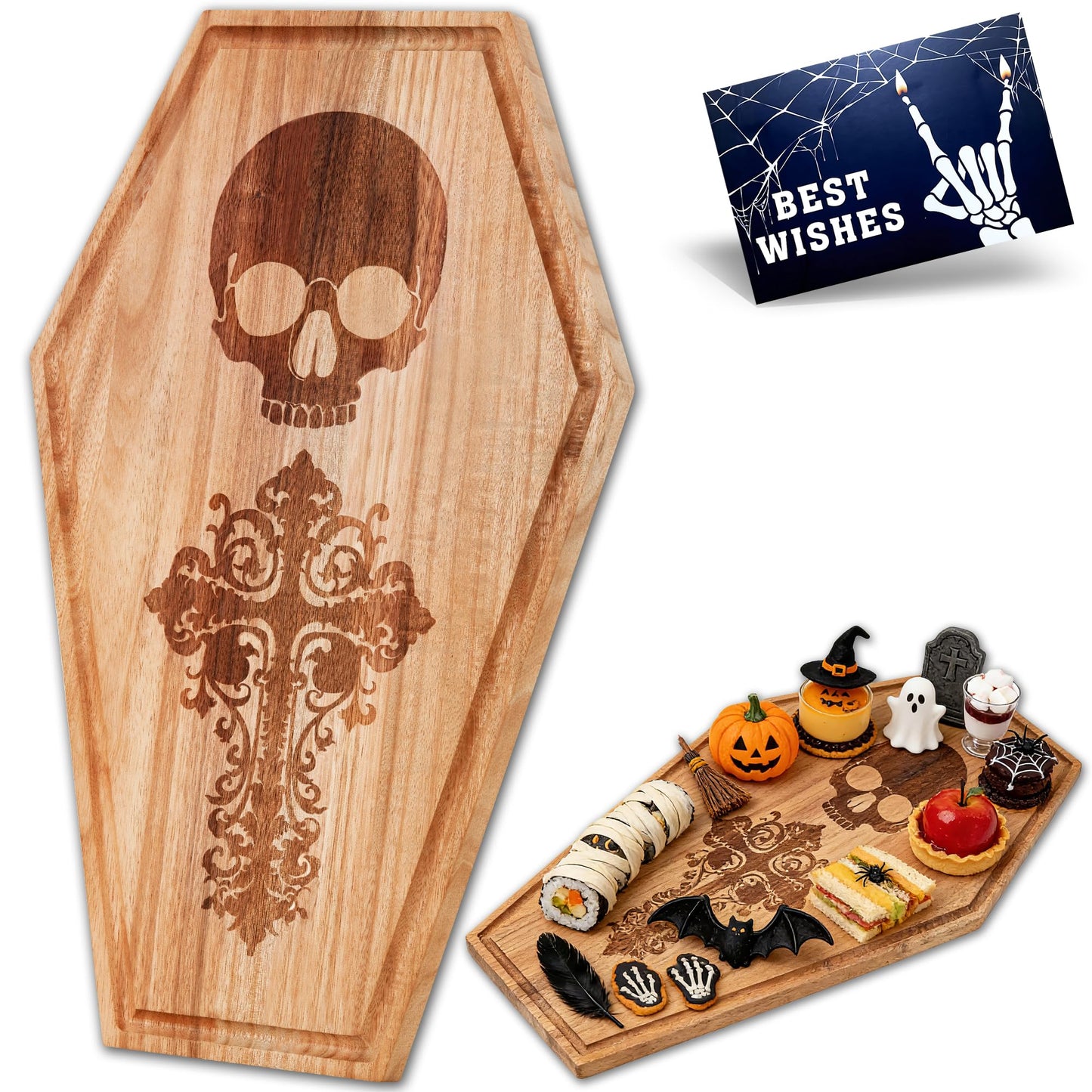 Halloween Coffin Charcuterie Board,Gothic Acacia Wooden Cutting Board for Kitchen Food Display,Skeleton Pattern Serving Tray,Goth Party Decor,Spooky Platter Gifts,17×10.5 Inch