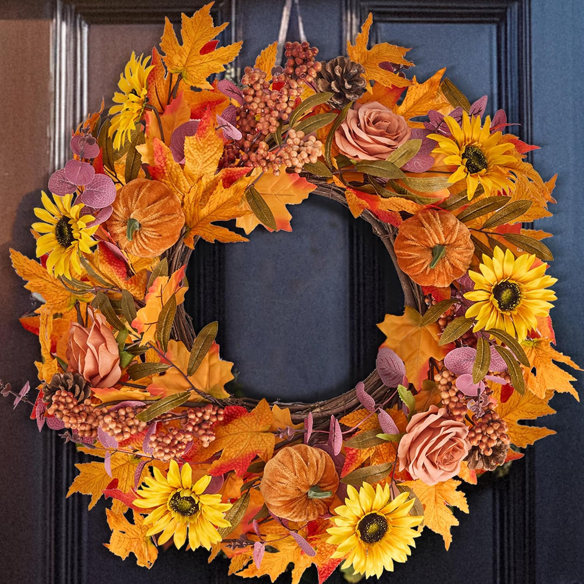 GENMOUS 24Inch Fall Wreaths for Front Door, Autumn Velvet Pumpkin Wreath Autumn Maple Leaves Porch Decor, Farmhouse Wreaths Home Wall Outdoor Indoor Thanksgiving Halloween Harvest Festival Fall Decor