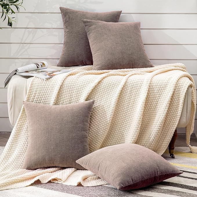 GAWAMAY Decorative Square Throw Pillow Covers 18"x18" Inch Set of 4, Super Soft Chenille Pillows Cover Fall Pillowcase for Living Room Bedroom Sofa Couch Cushion Cover Taupe Grey 45x45cm