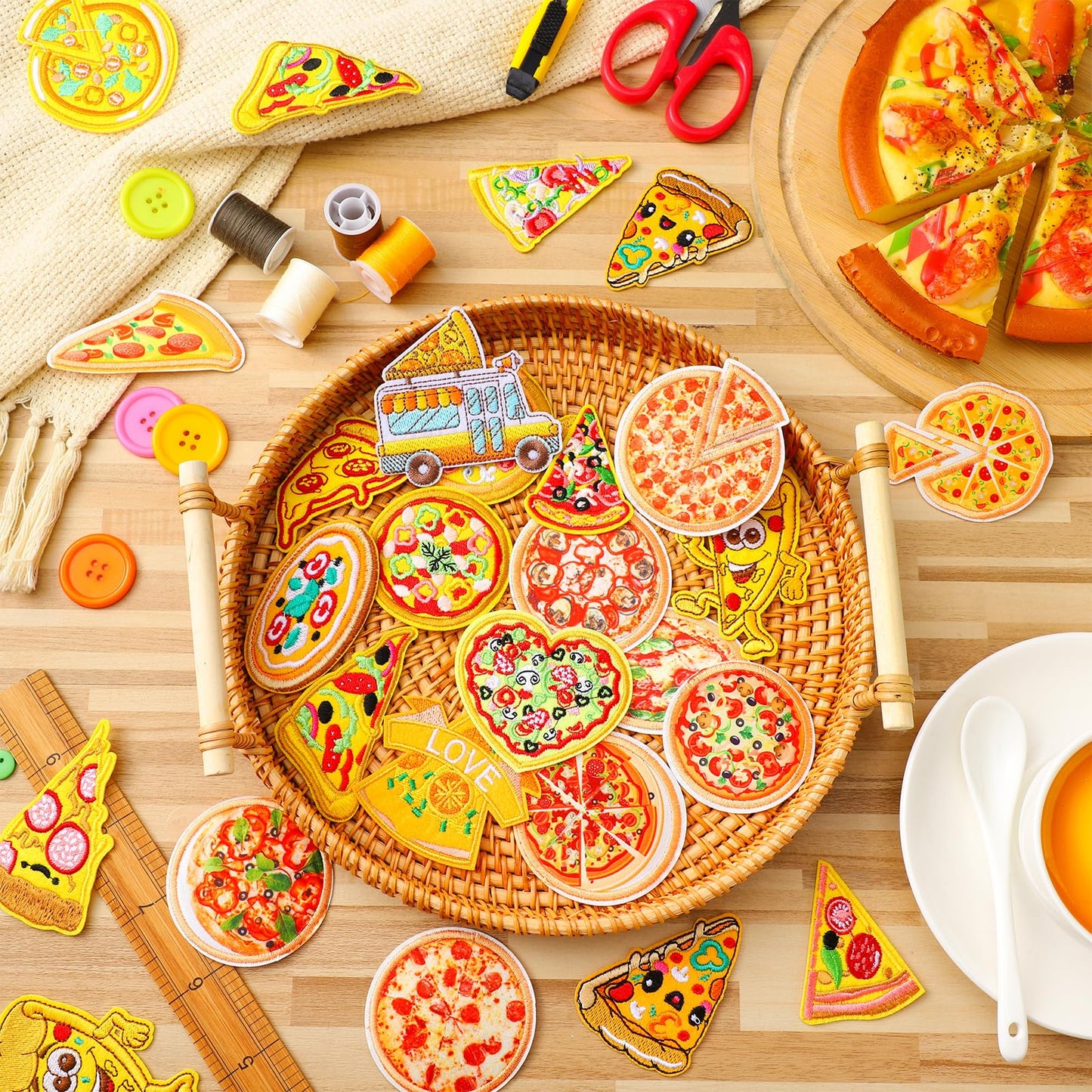 Tigeen 48 Pcs Pizza Iron on Patches Cute Pizza Bulk Embroidered Patches for Hats Clothes Repair Kit Sew on Applique DIY Accessory for Backpack Pants Jeans
