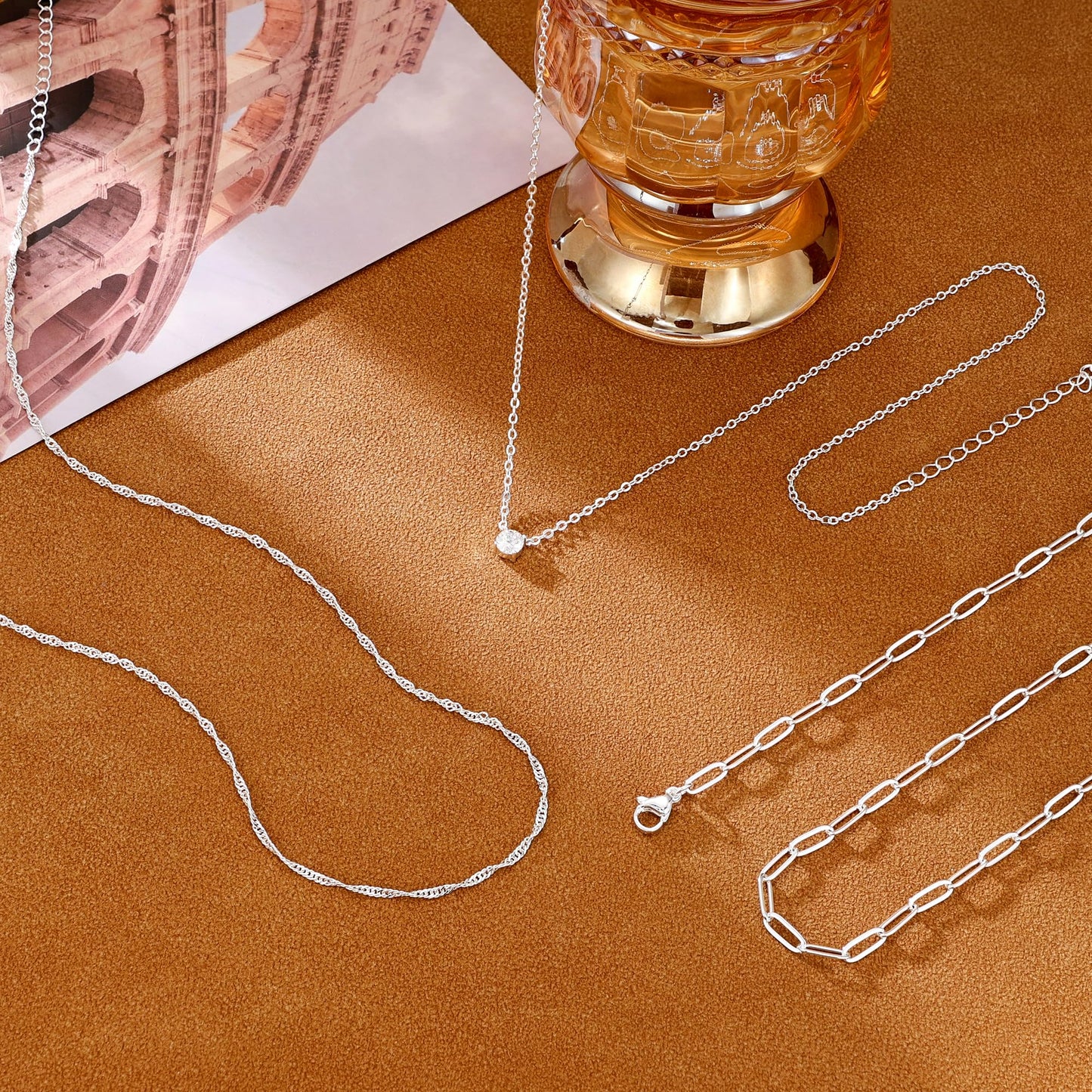 CHESKY Layered Necklaces for Women Trendy, Silver Plated Dainty Stacked Necklace Simple CZ Diamond Pendant Necklaces Waterproof Silver Necklace Stack Adjustable Cute Jewelry Set for Women