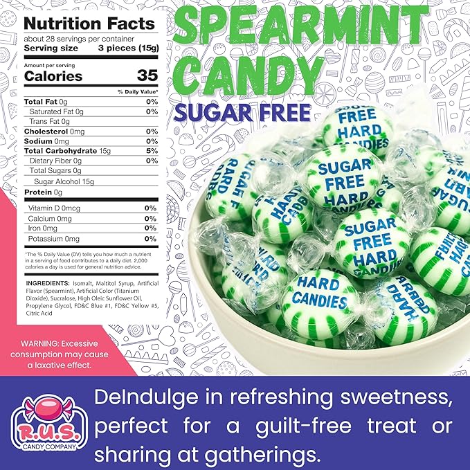 Sugar Free Spearmint Hard Candy – About 75 Individually Wrapped Breath Mints – Bulk 1 Pound Bag – Refreshing Mint Flavor – Ideal for Diabetics and Health Conscious Individuals (1 Pound, Spearmint)