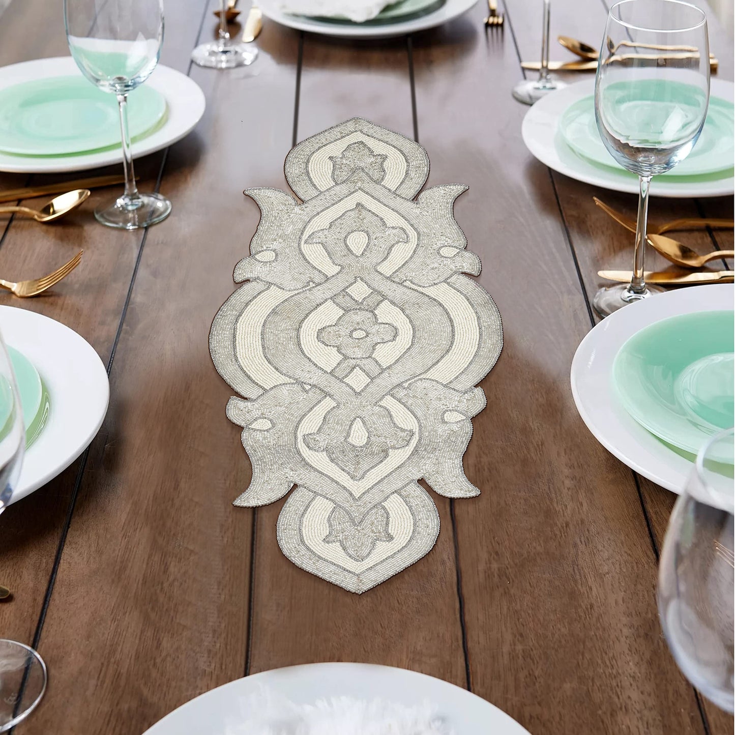 Lightnpro Beaded Table Runner Elegant Infinity Design - Handmade Glitz Table Décor for Weddings, Parties, Holidays, Gifting & Everyday Use - Decorative Centerpiece Accent - 13x36 Inch - Silver Ivory