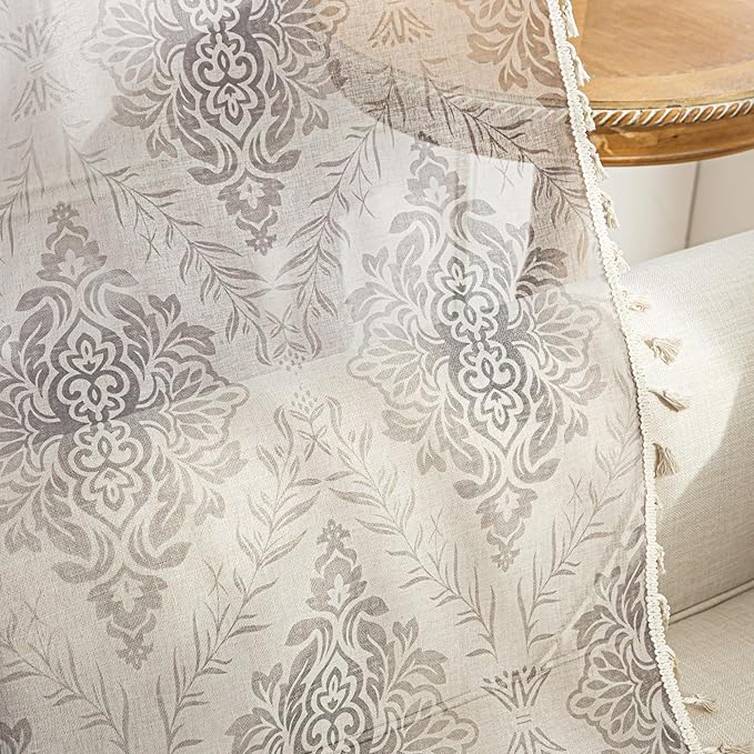 Khaki Geometric Sheer Curtains 96 inch Long, Fringed Edges and Textured Semi Sheer Curtains Large Window Treatments for Living Room/Bedroom, 2 Panels