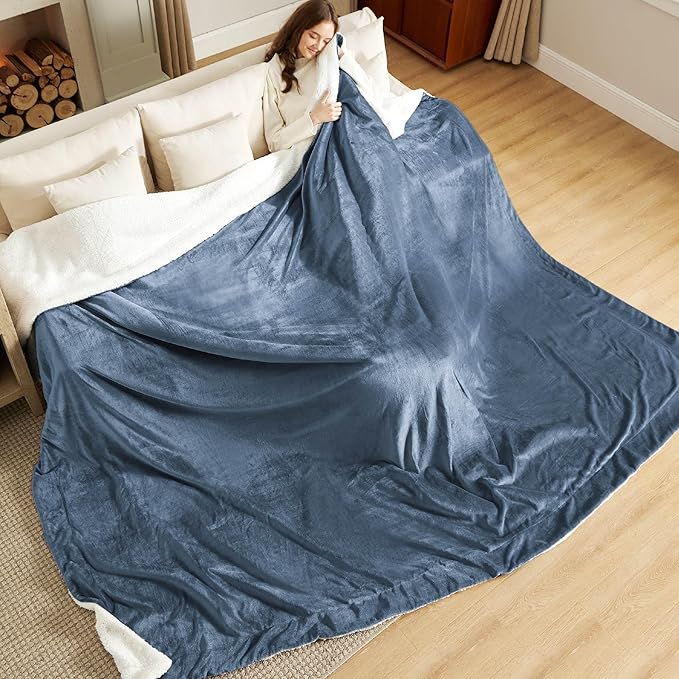 Bedsure Sherpa Fleece Oversized Cal King Blankets for Bed - Thick and Warm, Soft Fuzzy Plush Large Blanket for Winter, Slate Blue, 112x98 Inches