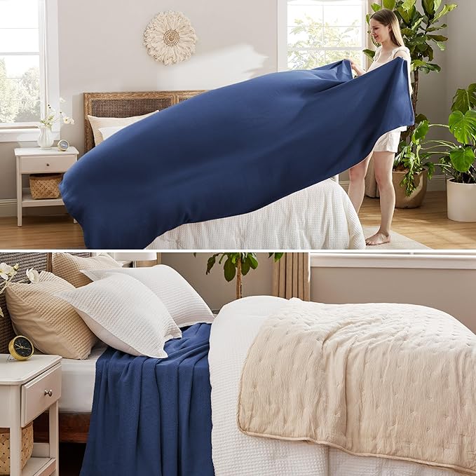 Bedsure 100% Cotton Blanket Queen Size for Bed - Breathable and Lightweight, Soft Cozy Textured Herringbone Woven Blanket for Summer Spring, Navy Blue, 90x90 inches