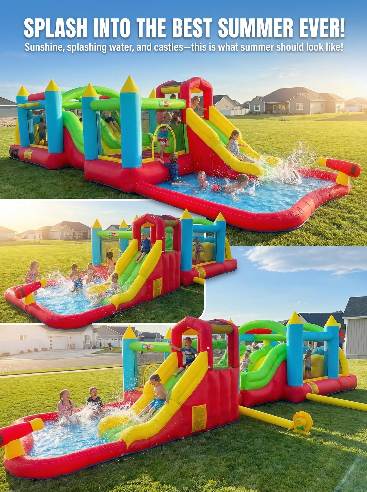 Giant 29FT Wate Slide Bounce House Detachable (15.3+13.5FT) Combo, Obstacle Course & Waterslide, Tunnel/Jumping Area/Spalish Pool, Bouncy Castle for Summer Fun, Inflatable Water Park Holds 10 Kids