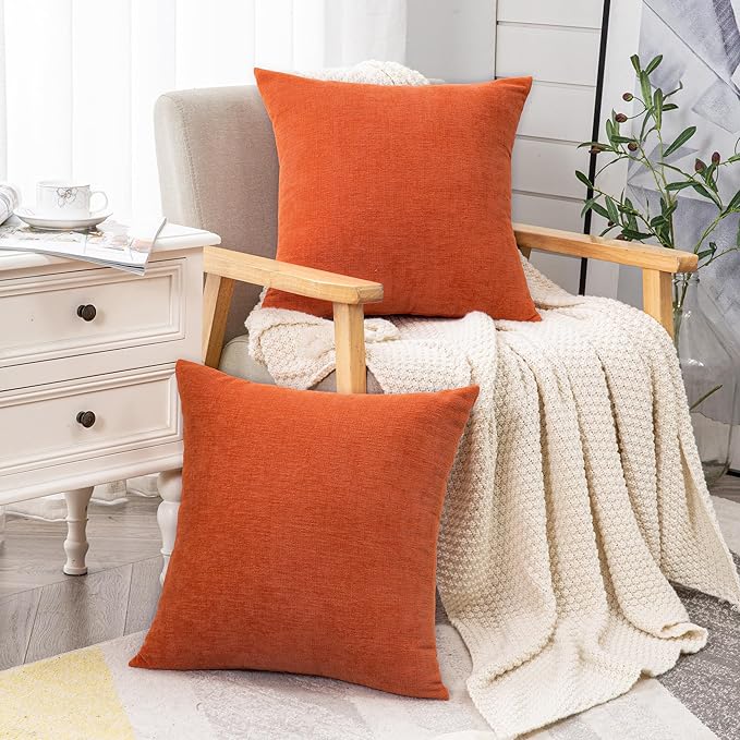 GAWAMAY Decorative Chenille Throw Pillow Covers 26x26 Inch Pack of 2, Soft Square Couch Pillow Cover for Sofa Cushion Living Room Bedroom Solid Dyed Oversized Pillowcases Orange 66x66cm (ONLY Covers)