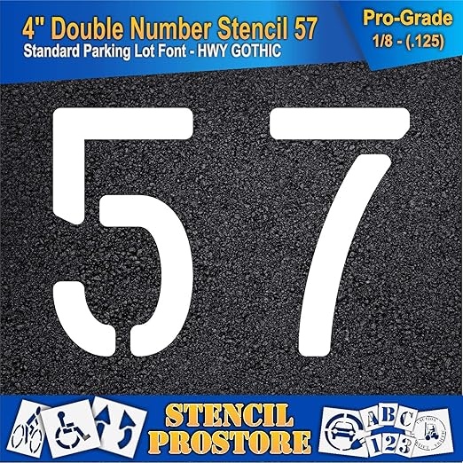 Pavement, Curb, and WheelStop Stencils - 4 inch Double Number Stencil - (57) - 4" x 5.5" x 1/8" (128 mil) - Pro-Grade