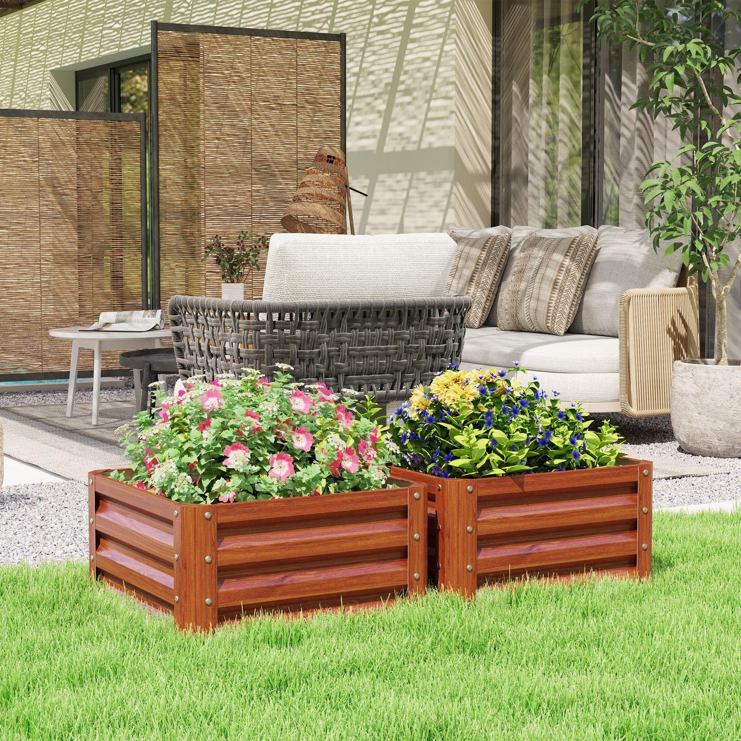 ZAVEROX 2-piece Brown Galvanized Metal Raised Garden Bed 23.5 x 23.5 x 12 inches Open-Bottom Planter Box Rust-Resistant Sturdy Outdoor use