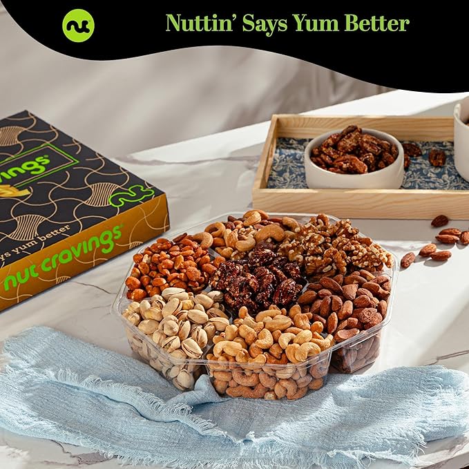 NUT CRAVINGS - Halloween Treats For Adults Mixed Nuts Gift Basket in Black Gold Box (7 Assortments, 1 LB) Holiday Xmas Christmas Food Arrangement, Healthy Snack Care Package, Food Assortments