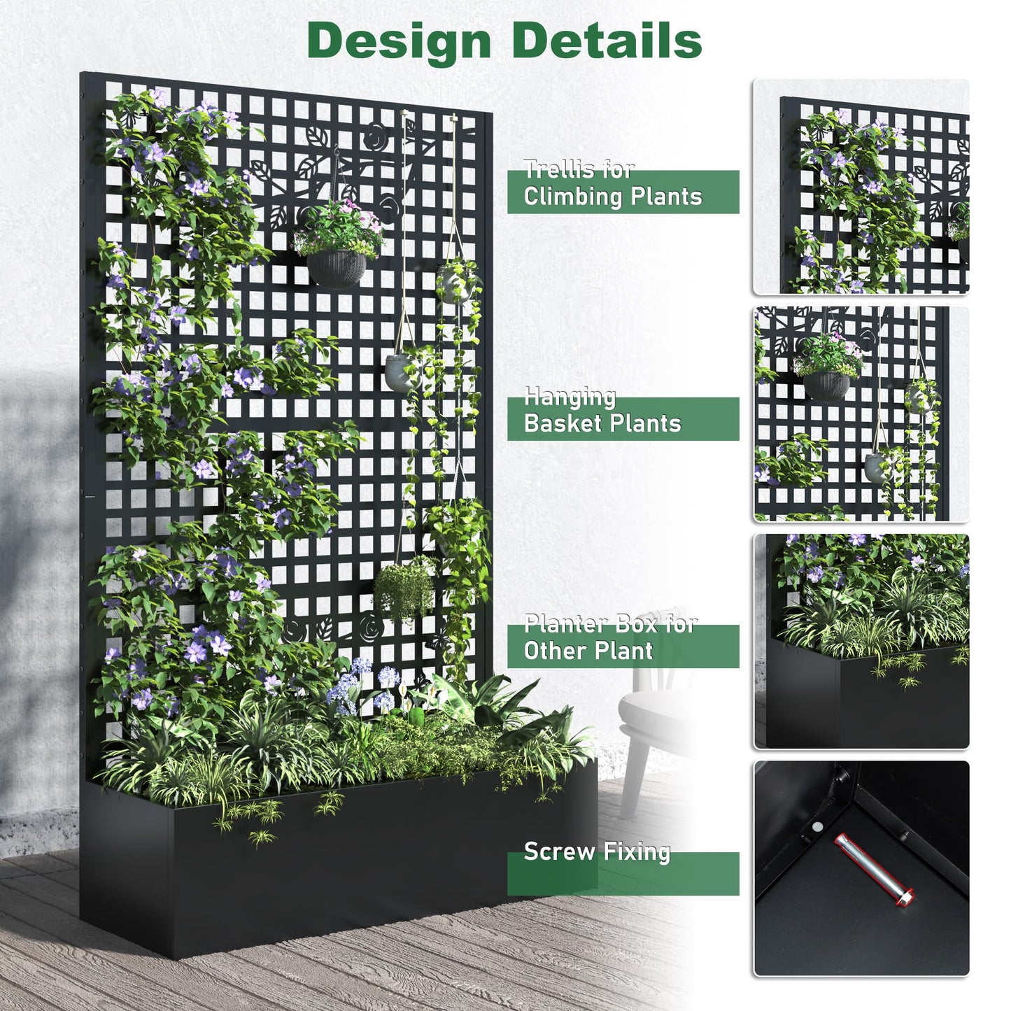 Coumy Metal Raised Planter Box with Trellis & Privacy Screen, 70.9"x 43.3"x 15.8"Free-Standing Garden Bed with Drainage Holes for Climbing Plants, Vegetables and Vines