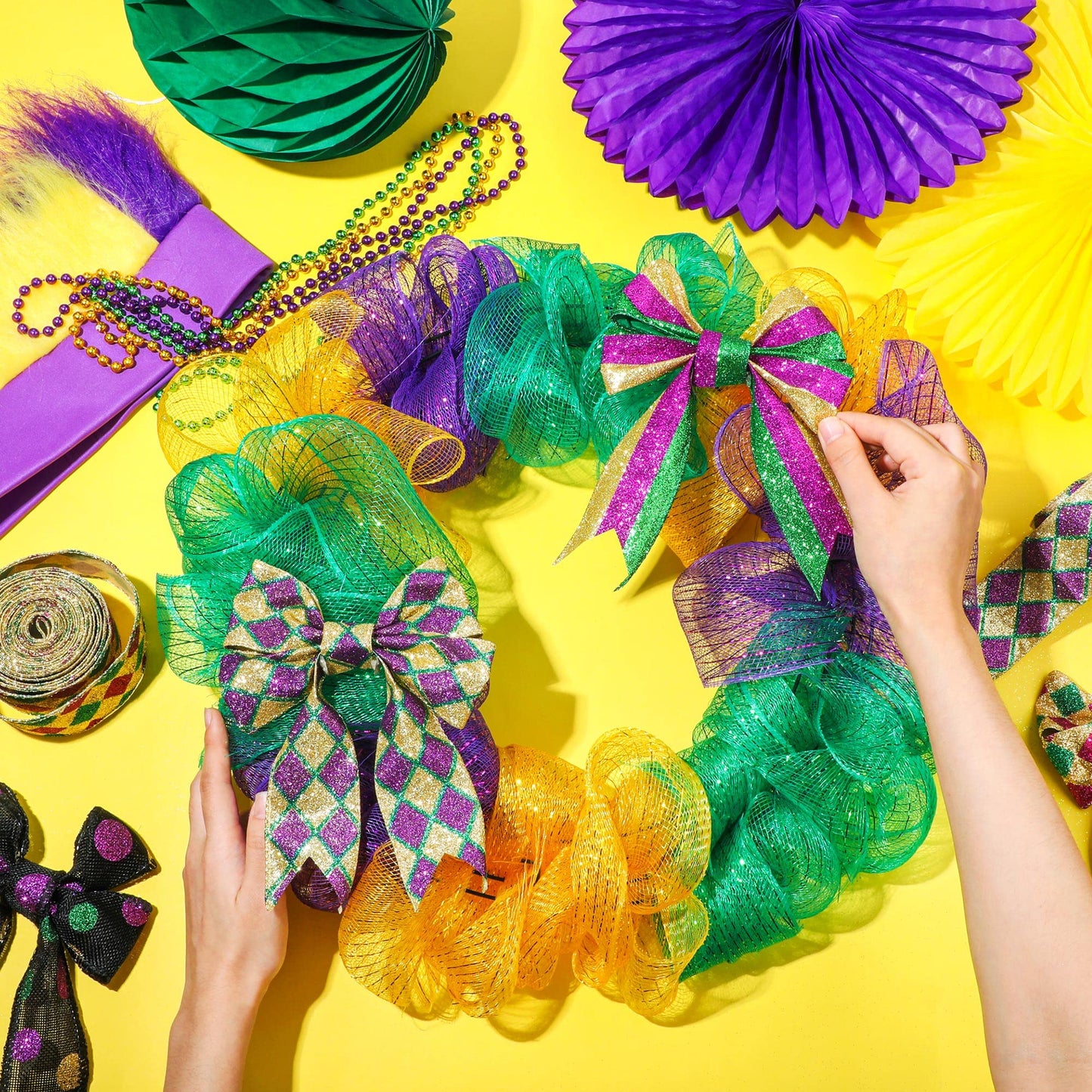 Jutom 7 Rolls 35 Yards Mardi Gras Wired Edge Ribbons Metallic Poly Mesh Purple Gold and Green Stripe Ribbon Glitter Metallic Wrapping Decor for Mardi Gras Masquerade Party Decoration