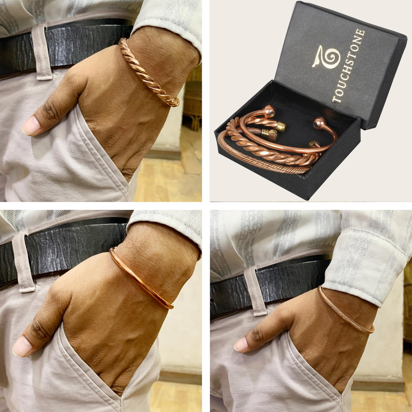Touchstone copper bracelets | gift for men women |adjustable 100% pure solid real magnetic jewelry | handmade bracelet set combo | rope braided tibetan bangles. Set of 3 different designs