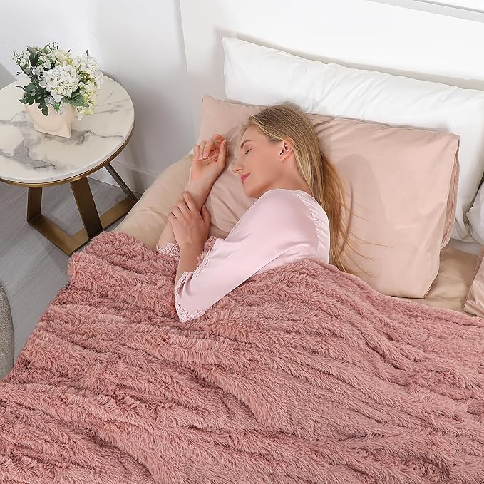 Tuddrom Decorative Extra Soft Faux Fur Blanket Queen Size 80"x90",Solid Reversible Fuzzy Fluffy Plush Fleece Comfy Microfiber Fur Blanket for Couch Sofa Bed,Peach Whip