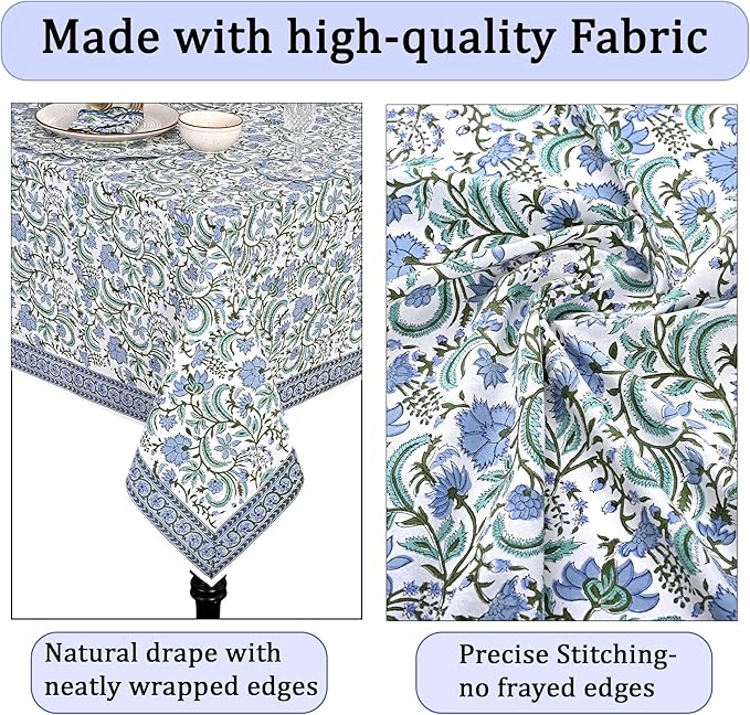 Ridhi Hand Block Print Columbia Blue Rectangle Cotton Tablecloth 160" x 72" Reusable Table Cover Decorative Everyday Use for Dining, Farmhouse, Home Gift for Spring, Easter, Valentine
