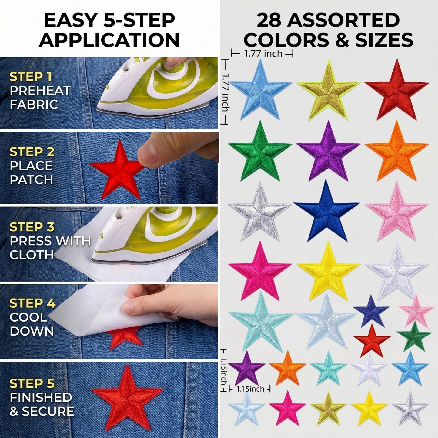 132 Pcs Varsity Letter Patches Kit - 104 Self Adhesive Chenille Letters & 28 Iron On Stars, No-Sew Fabric Patches for Clothes, Jackets, Backpacks, Hats, DIY Crafts (2.17", Multi-Color)
