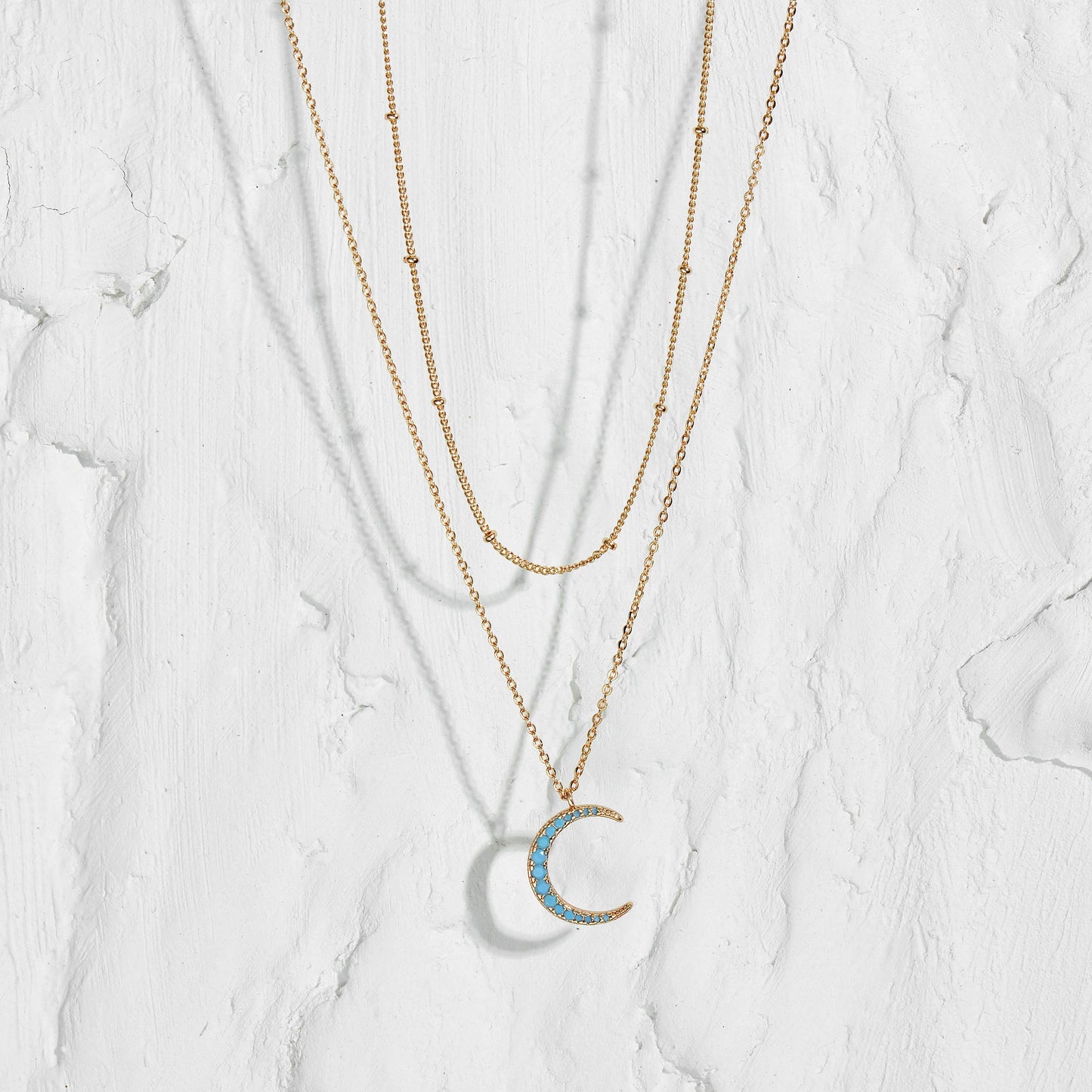MEVECCO Gold Dainty Layered Crescent Necklace Half Moon Necklace 18K Gold Plated Delicate Moon Phase Tiny Turquoise Jewelry