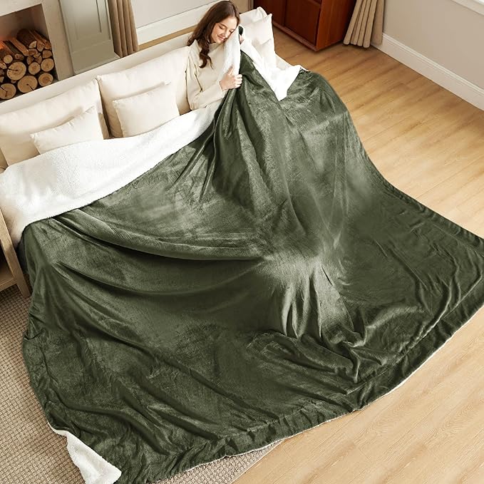 Bedsure Sherpa Fleece Oversized Cal King Blankets for Bed - Thick and Warm, Soft Fuzzy Plush Large Blanket for Winter, Olive Green, 112x98 Inches