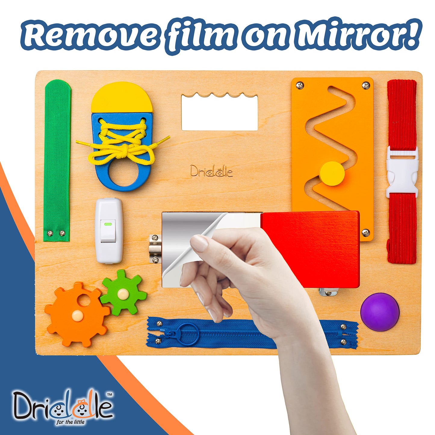 Driddle Busy Board - Wooden Montessori Activity Board for Toddlers & Kids - 12 Educational Sensory Toys to Learn Basic Life Skills & Develop Fine Motor Skills + Baby Mirror