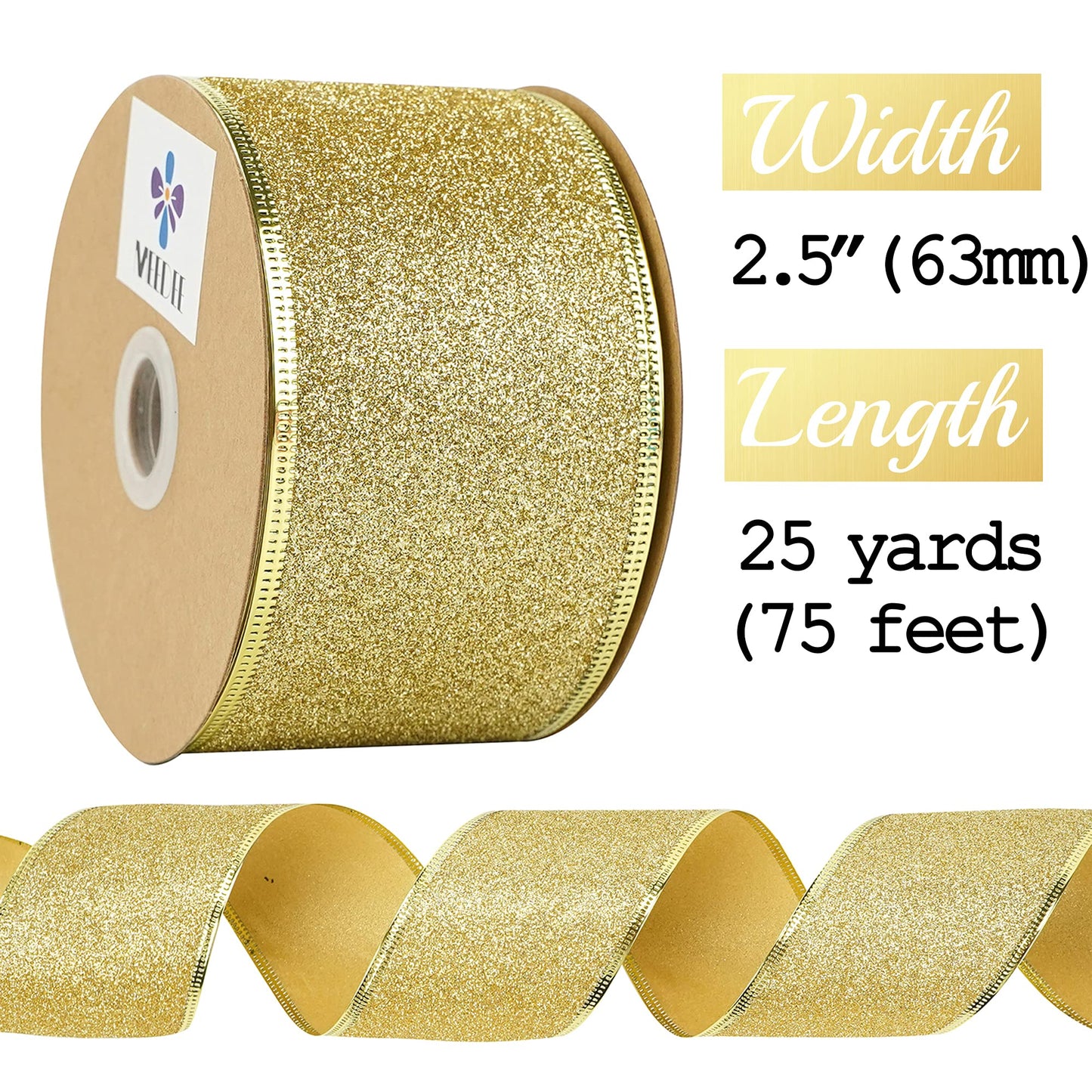 MEEDEE Gold Wired Ribbon 2.5 Inch Metallic Thick Glitter Ribbon by 25 Yards for Christmas Tree Decoration, Garland, Wreath Supplies