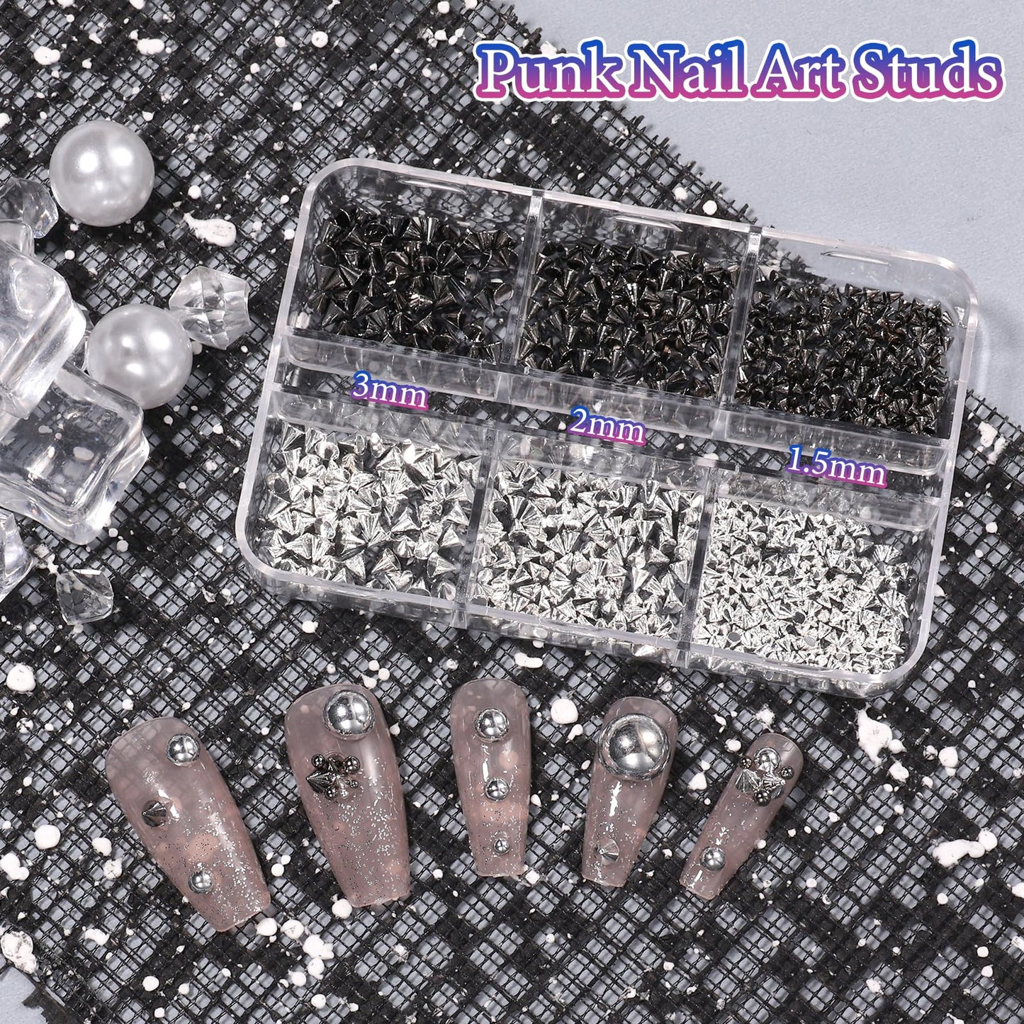 2 Boxes Spike Nail Charms 3D Mini Metal Punk Nail Art Studs, Mixed Sizes Black Silver Cone Spikes Nail Rivets Round Steel Ball, Goth Punk Half ABS Pearls for Nails DIY Accessories