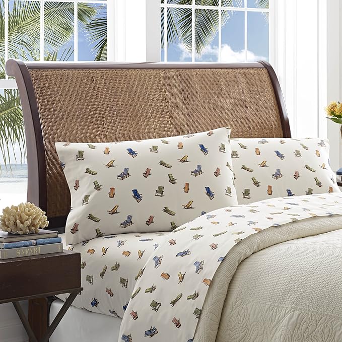 Tommy Bahama - King Sheets, Cotton Percale Bedding Set, Crisp & Cool, Stylish Bedding Set (Beach Chairs Multi, King)
