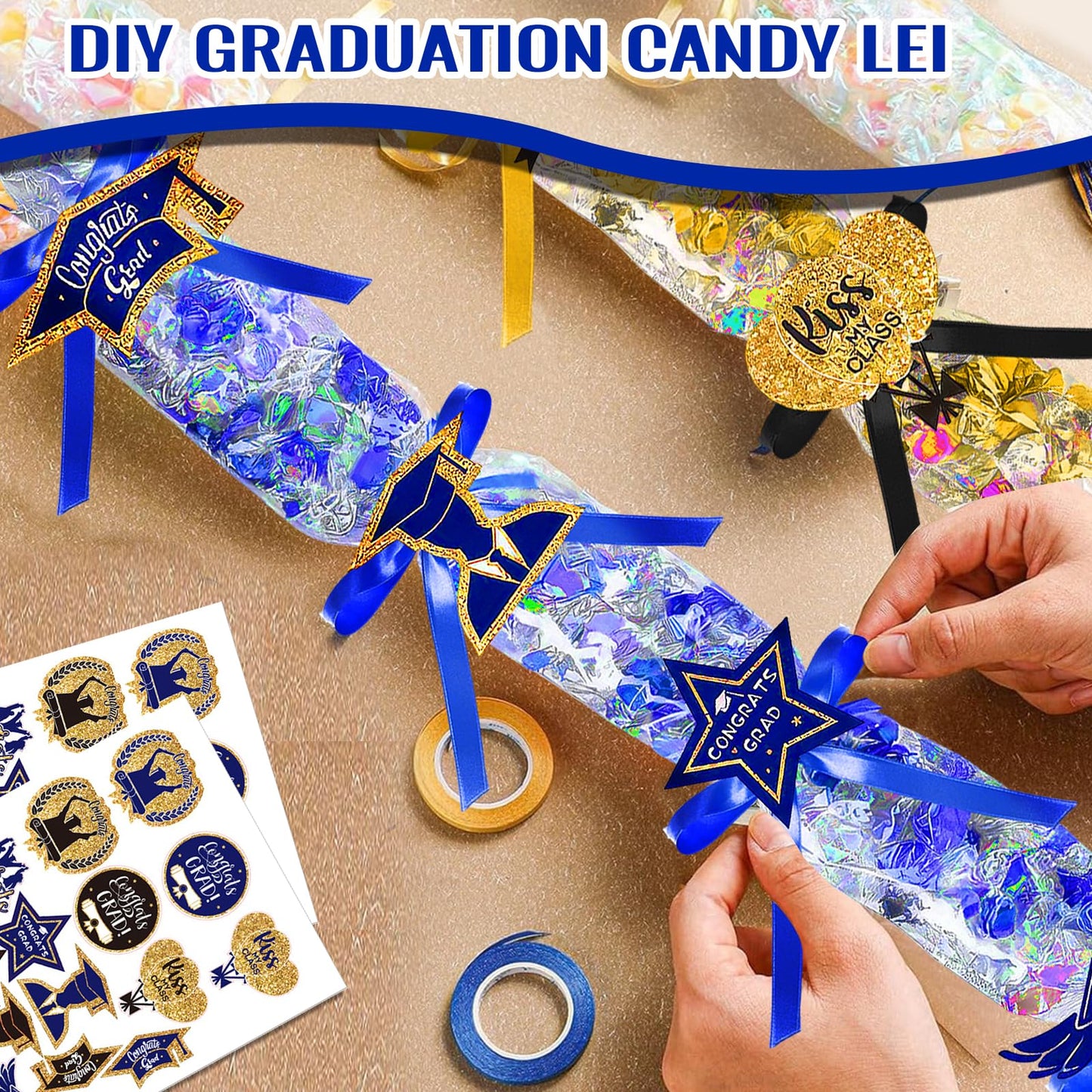 Roll Poly Tubing, Graduation Candy Lei Kit Class of 2025 DIY Hawaiian Candy Lei Making Kit Includes 24 Pcs Candy Lei Bags 4 Rolls Ribbons 144 Pcs Paper Cut for Party Gift