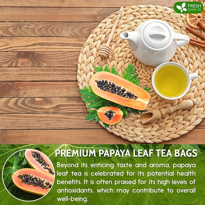 FreshDrinkUS, Premium 25 Papaya Leaf Tea Bags, 100% Natural & Pure from Papaya Leaves. Loose Leaf Herbal Tea. Made with Natural Material Tea Bags. No Sugar, No Caffeine, No Gluten, Vegan.