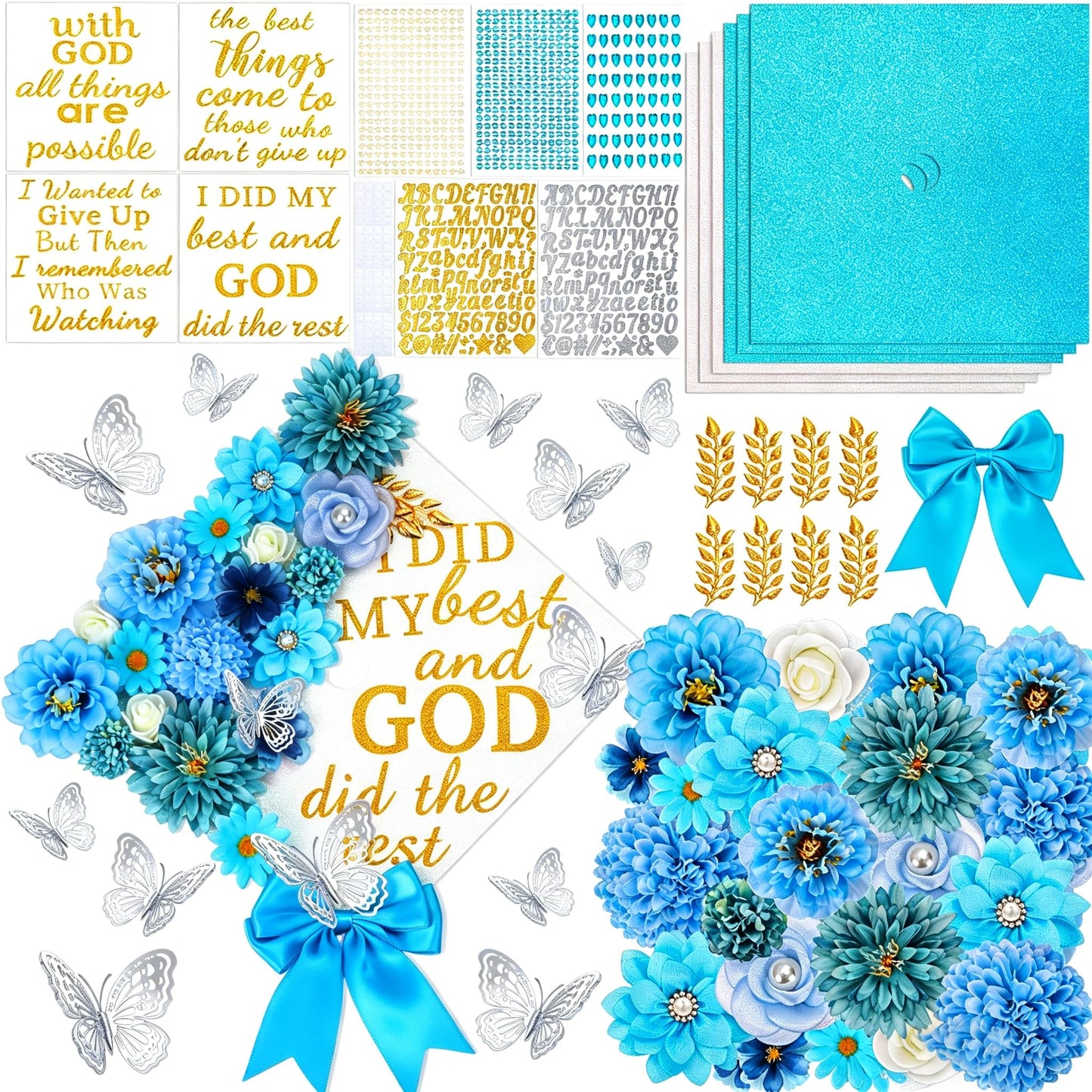 66Pcs Graduation Cap Decorations Graduation Cap Decorations kit Included Faux Flower Heads3D Butterfly Stickers for DIY Grad Cap Topper Grad Party Decor(Blue)