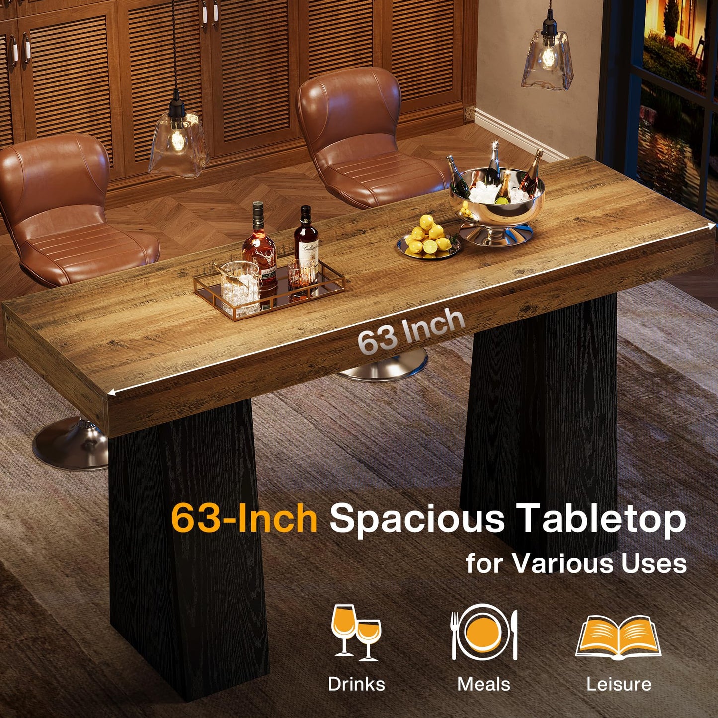Tribesigns 63-Inch Bar Height Table, Wood Rustic Counter Height Table, Rectangular Home Bar with Thickened Tabletop and Sturdy Base for Kitchen, Dining Room, Living Room, Pub, Brown & Black (1)