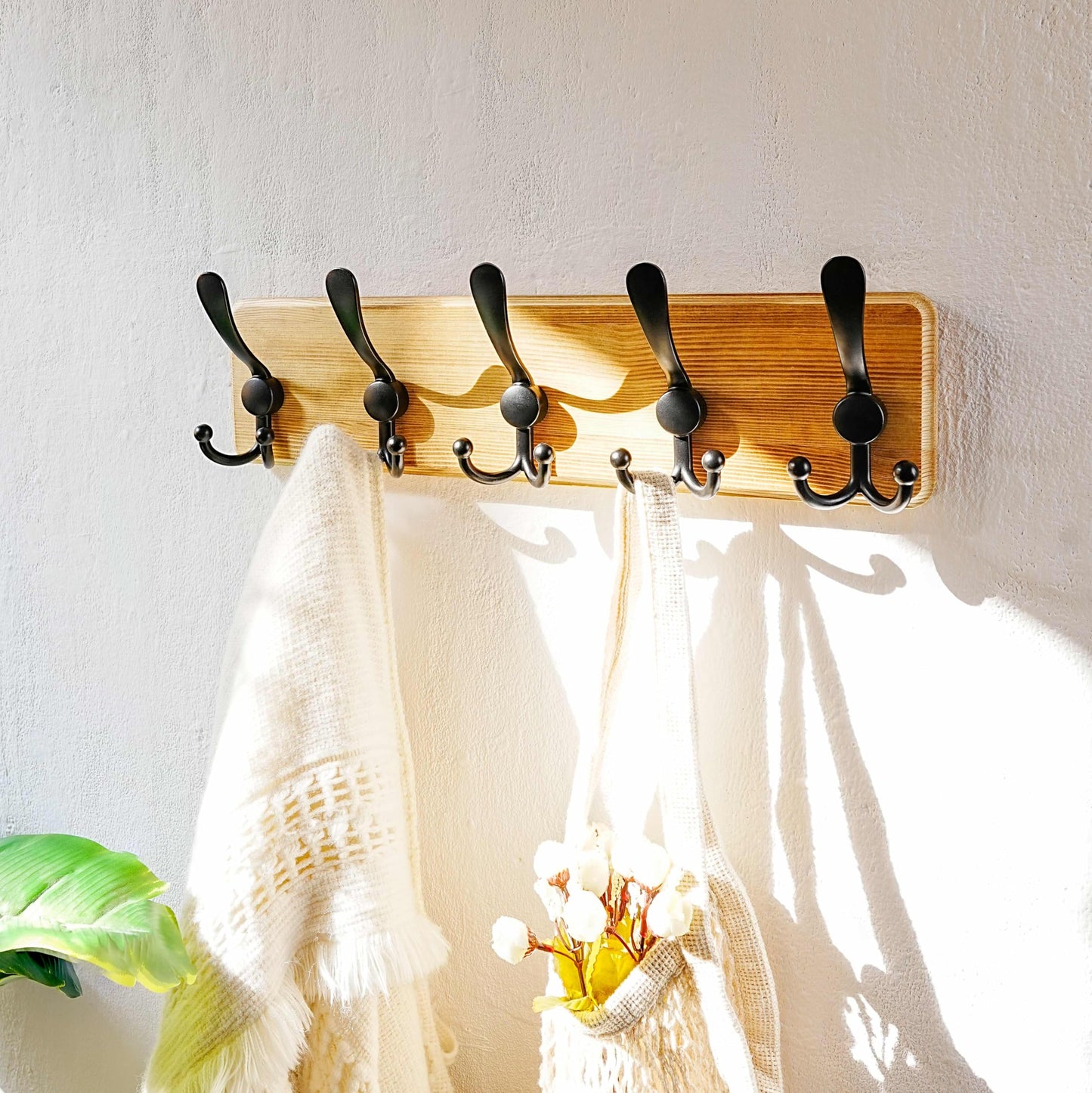 Dseap Coat Rack Wall Mount - Heavy-Duty Robust Rustic Wooden Wall Coat Hanger Hook Rail with 5 Triple Hooks for Winter Jacket & Hat Clothing, Light Brown & Black