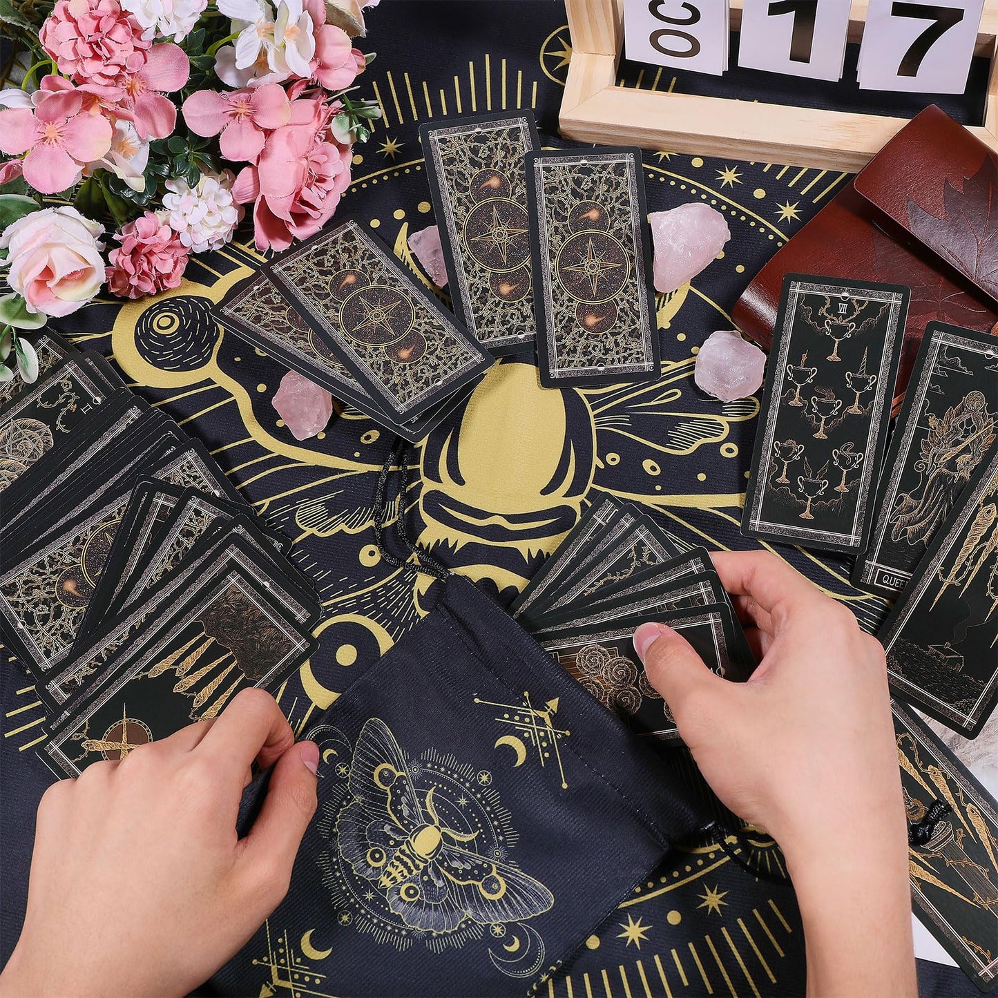 GLOBLELAND 30" Golden Moth Divination Tarot Cloth and Cards Bag Insect Moons Thick Velvet Fabric Tablecloth Mat with Classic Tarot Card Storage Pouch for Wiccan Room Beginner