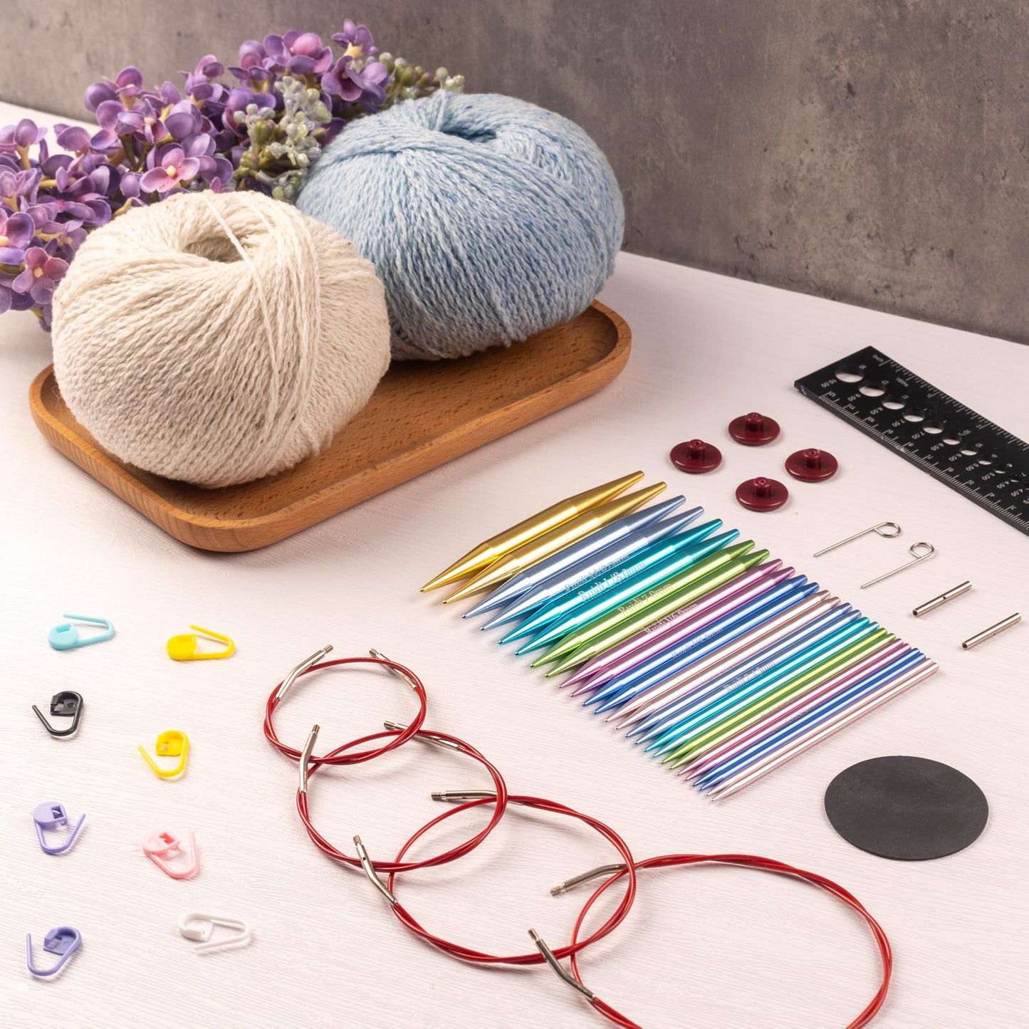 Ruidi Interchangeable Aluminum Circular Knitting Needles Set - 13 Pairs of 4 Inch (10cm) Needles with 4 Cables, Needle Holders & Leather Bag - Perfect for Smooth Knitting & Versatile Projects