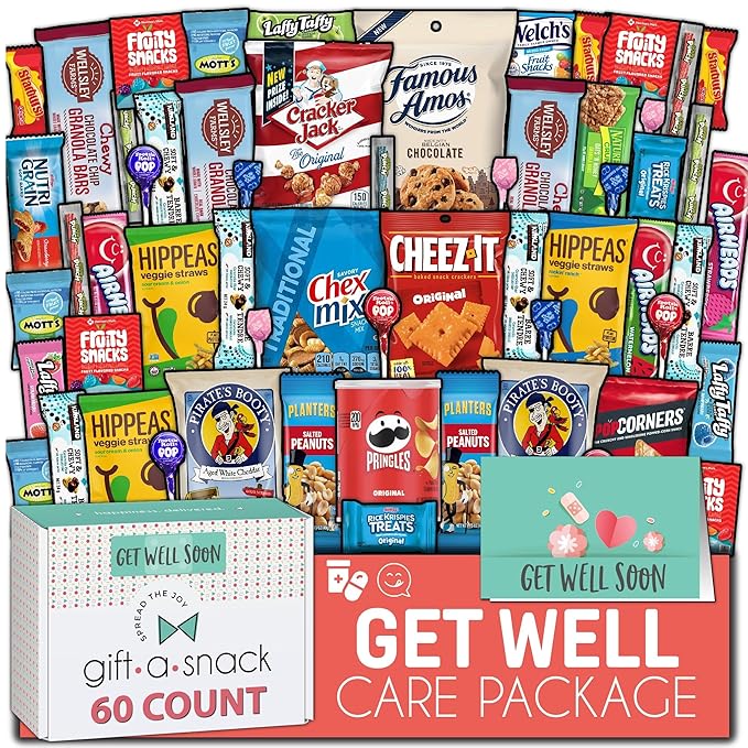 Gift A Snack - Get Well Soon Snack Box Variety Pack Care Package + Greeting Card (60 Count) Feel Better Sweet Treats Gift Basket, Candies Chips Crackers Bars - Cravy Food Assortments & Variety Gifts