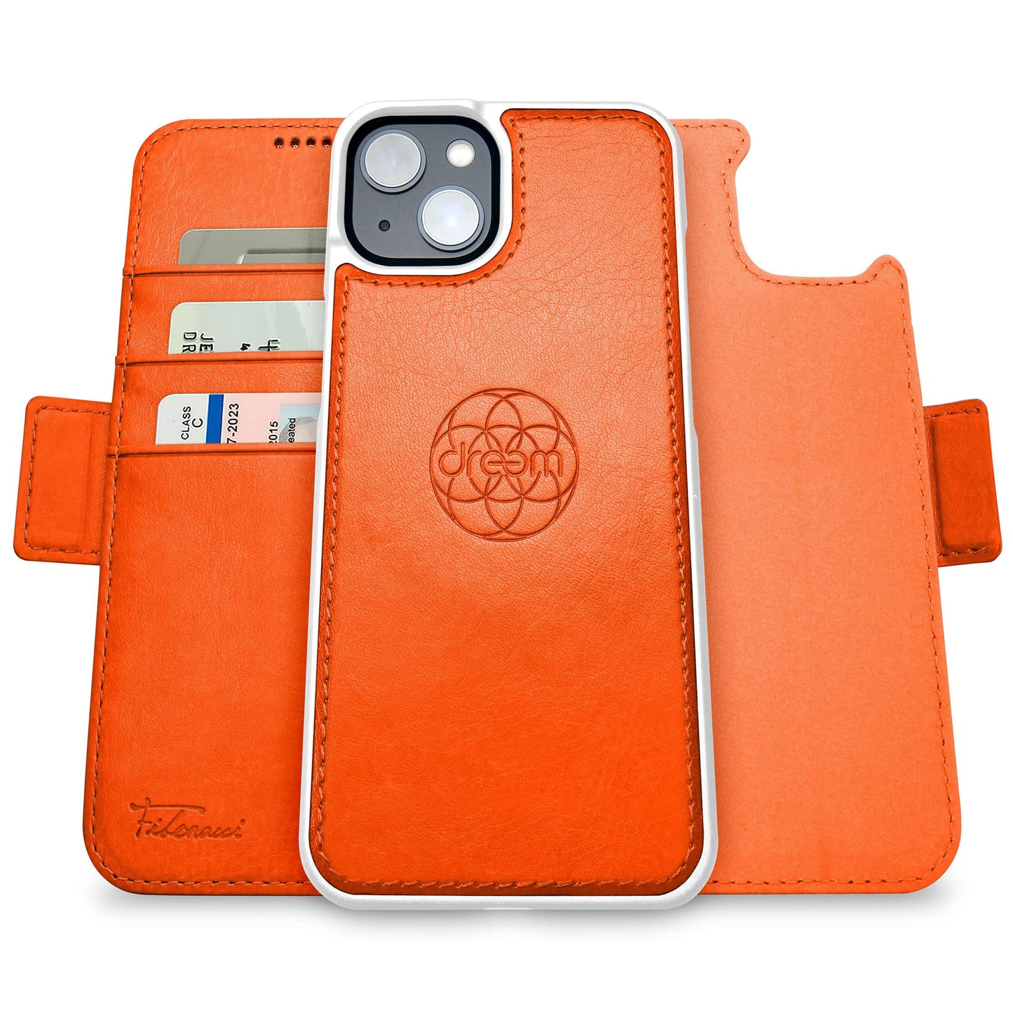 Dreem Wallet Case for iPhone 14 Plus, 2 Way Phone Stand, Magnetic Detachable Vegan Leather Flip Cover RFID Blocking Card Holder, MagSafe-Fit, Gift Box [Fibonacci: Orange]