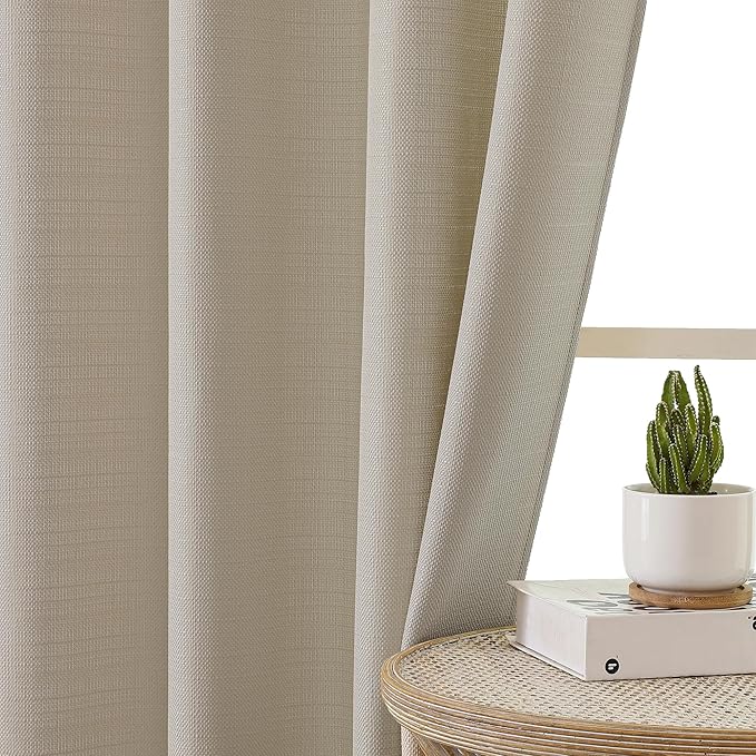 Chyhomenyc Curtains 45 Inch Length 2 Panels, Faux Linen Textured Semi Light Filtering Soft Airy Rod Pocket Window Treatment Drapes for Living Room Bedroom, Each 30 Wx45 L, Moon Beige