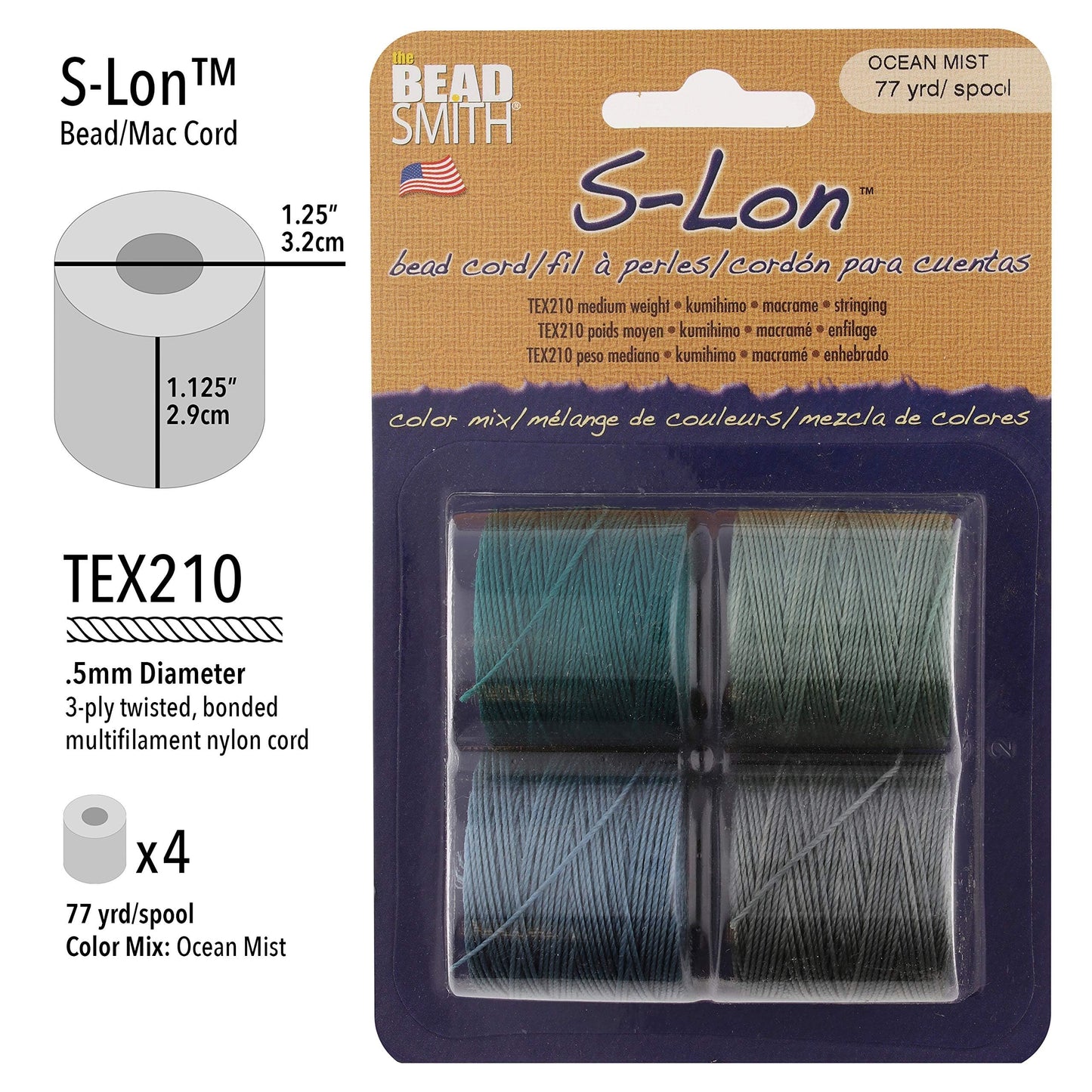 The Beadsmith S-Lon Bead Cord – .5 mm Twisted Nylon Cord for Stringing, 4-Pack, Ocean Mist Mix, TEX210, 77 Yards per Spool