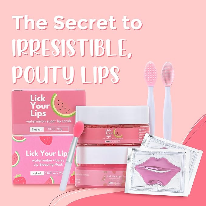 Watermelon Sugar Lip Scrub for Dry, 6-in-1 Lip Care Kit With Lip Sleeping Mask and Silicone Brush, Sugar Scrub, Sheet Mask to Reveal Luscious