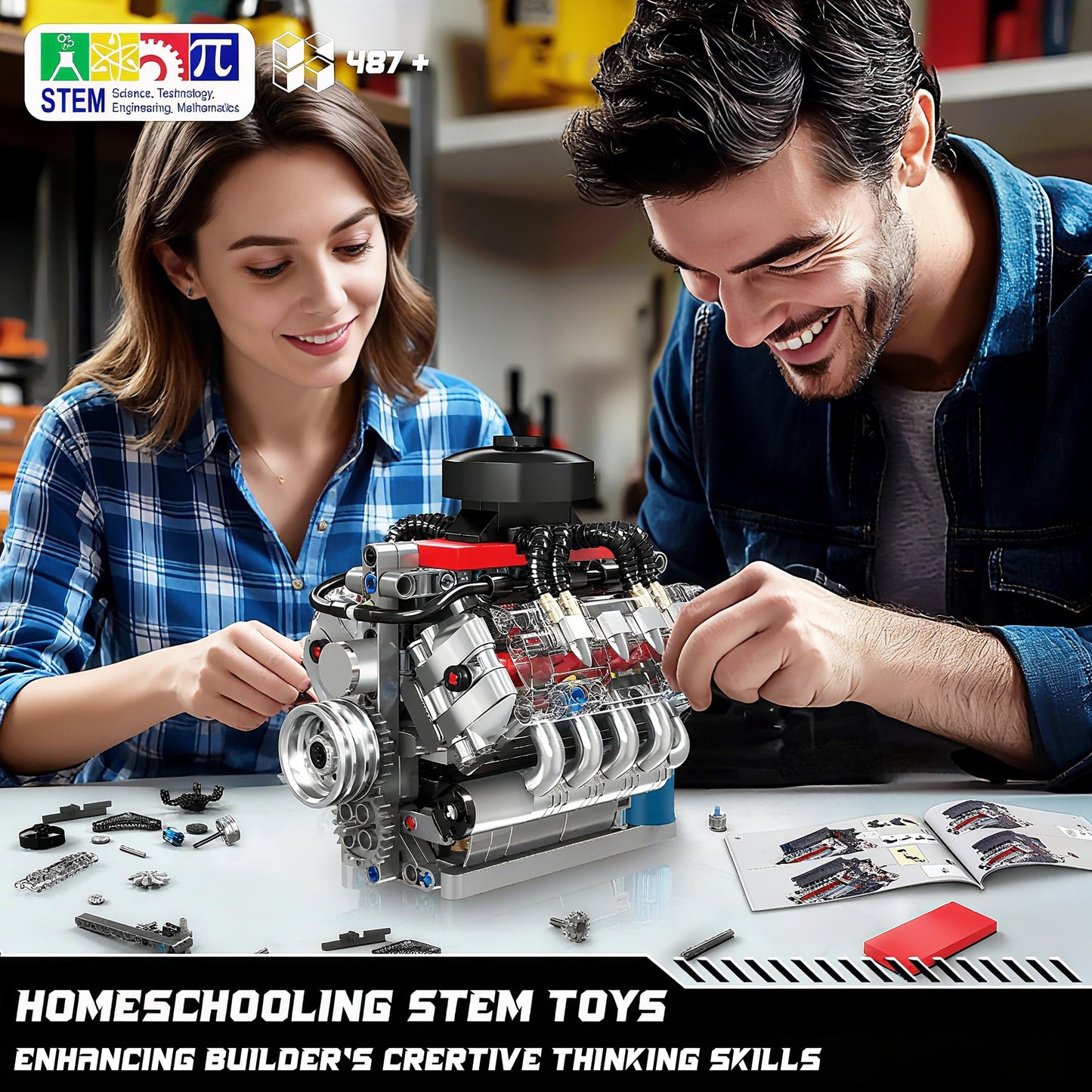 Mould King 10171 V8 Engine Model Kit, Mini V8 Engine Kits That Runs, Build Your Own Car Model Engine with Motor, Collectible Building Blocks for Adults, DIY STEM Construction Toys for Display