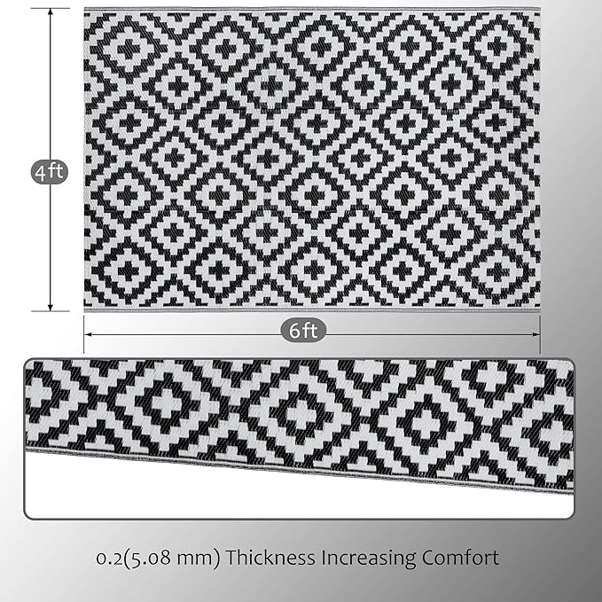 SAND MINE Waterproof Outdoor Rug 4x6 ft, Plastic Reversible Rug, Modern Area Rug, Large Floor Mat for Outdoors, RV, Patio, Backyard, Deck, Picnic, Beach, Camping (4' x 6', Black & White Lattice)