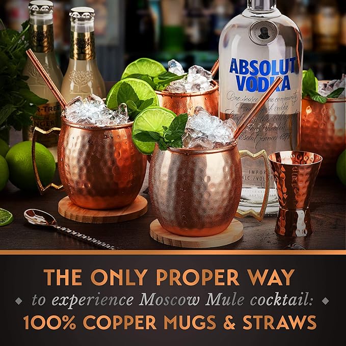 Moscow Mule Mugs - 100% Pure Copper for Drinking Beverages with Moscow Mule Cups Set of 4-16 oz Mugs, 4 Straws, 4 Coasters, Stirring Spoon, Shot Glass, Brush & Pure Copper Cup Gifts for Him