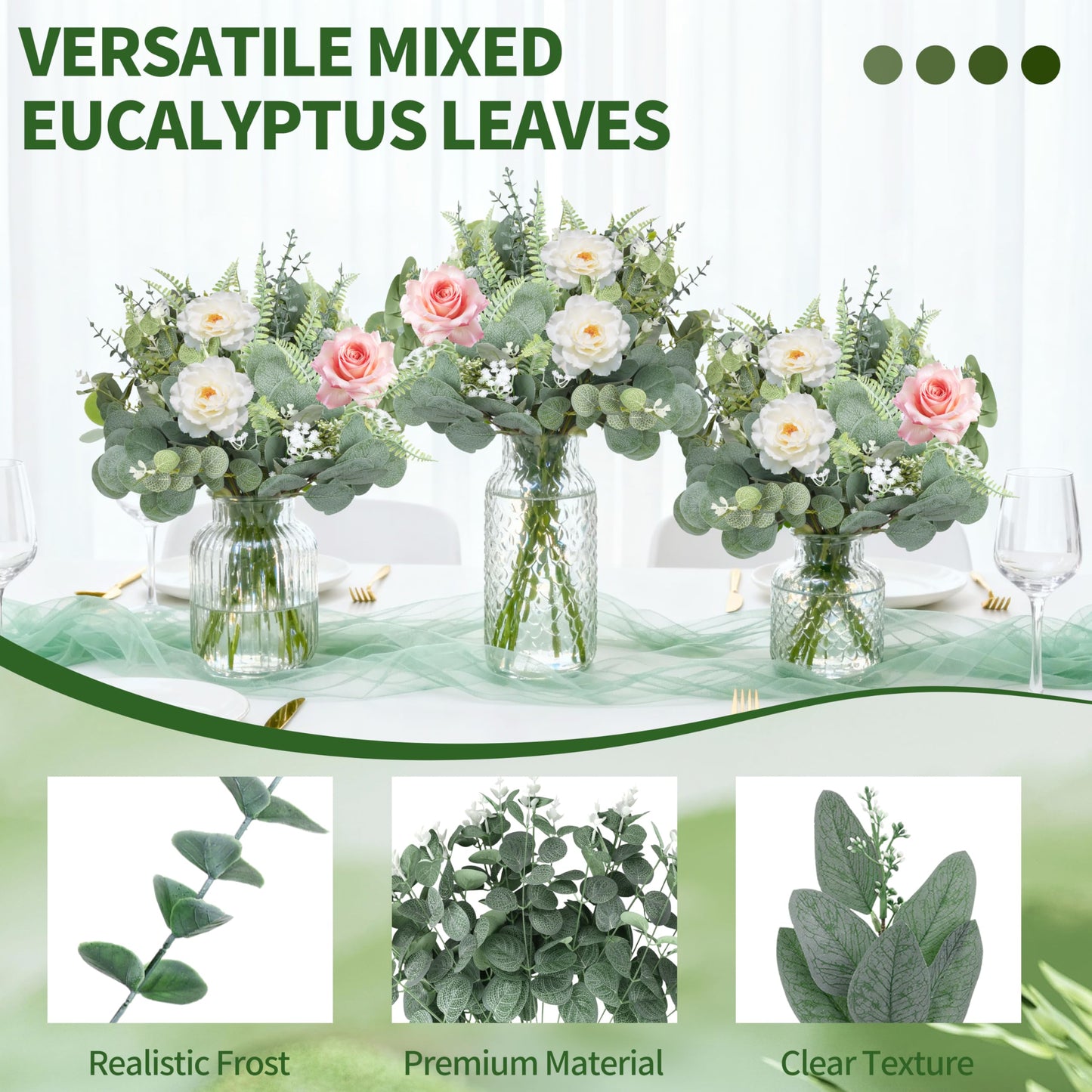 Hoplito 150 Pcs 7 Kinds Mixed Artificial Eucalyptus Leaves Stems Bulk, Fake Greenery Plants Faux Silver Dollar Eucalyptus Leaves for Wedding Vase Bouquet Floral Arrangement Centerpiece Home Decor
