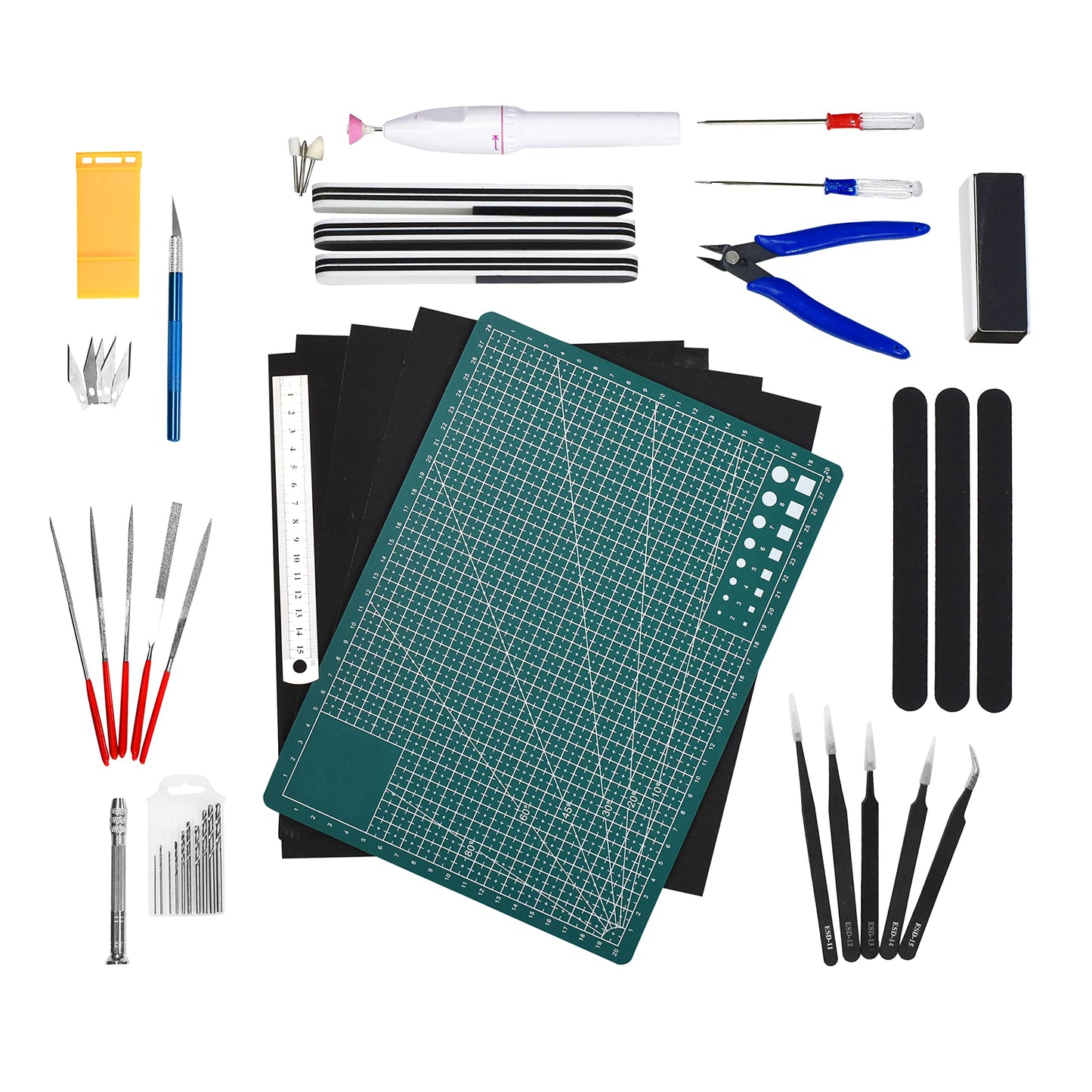 Mandala Crafts 33 PCS Plastic Model Tool Sets with Hobby Clippers, Tweezers, Drills, Grinder, Knife - Professional Basic Model Building Tools Set for Assembling Miniatures Mecha Cars